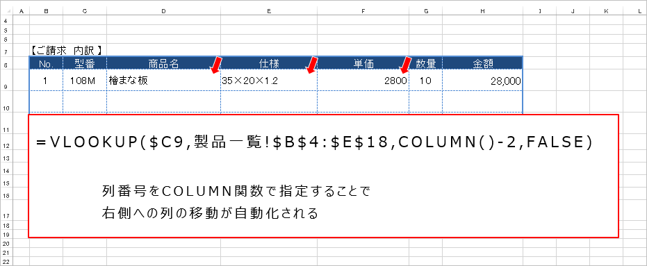 Excel（エクセル）関数｜VLOOKUP（ブイルックアップ）・MATCH（マッチ）・COLUMN（コラム）企業研修セミナー事例003